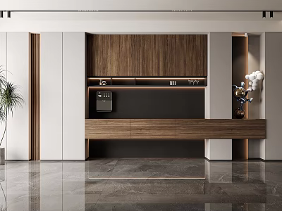 Modern Wooden Wine Cabinet Design With Glass Doors Built-in Lighting And Decorative Plant 3d model
