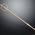 Wooden Weapon with Long Handle Circular Top Adorned with Decorative Spikes in Classic Craftsmanship