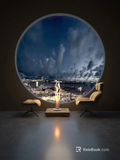 Comfortable Leisure Chair by Circular Window with Night City View Clouds and Ottoman Stool 3d model 