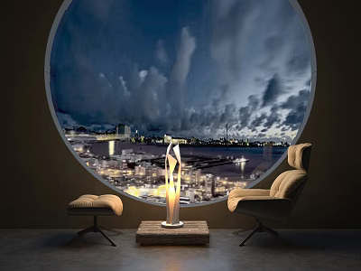 Comfortable Leisure Chair by Circular Window with Night City View Clouds and Ottoman Stool 3d model