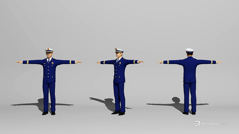 Man In Blue Uniform Standing With Arms Extended In Three Different Angles 3d model