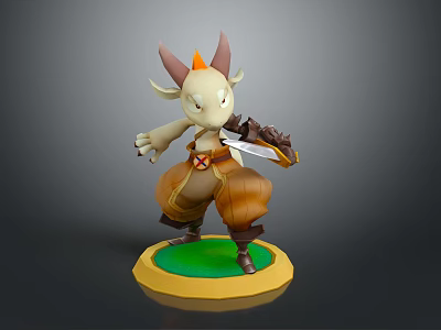 Small Horned Game Movie Character Holding Sword Standing On Green Circular Base 3d model