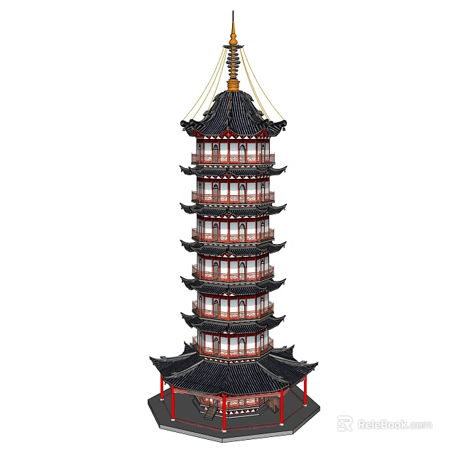 Traditional Chinese Pagoda With Multiple Curved Eaves Red Wooden Structure And Golden Finial On Top 3d model 