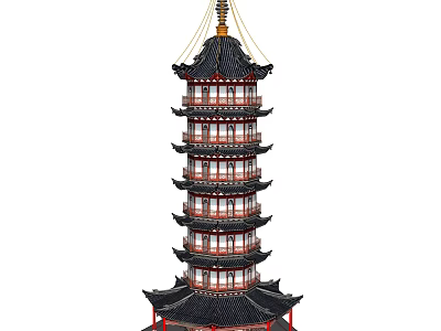 Traditional Chinese Pagoda With Multiple Curved Eaves Red Wooden Structure And Golden Finial On Top 3d model