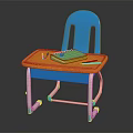 Kids Study Desk with Blue Chair and Orange Tabletop Including Green Notebook and Colored Pencils