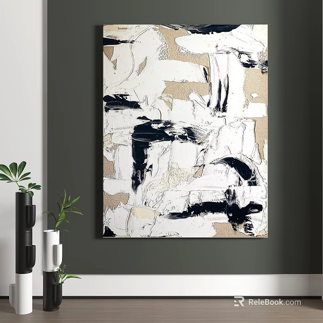 Modern Abstract Painting With Black White Gold Brushstrokes And Color Blocks For Wall Decor 3d model 