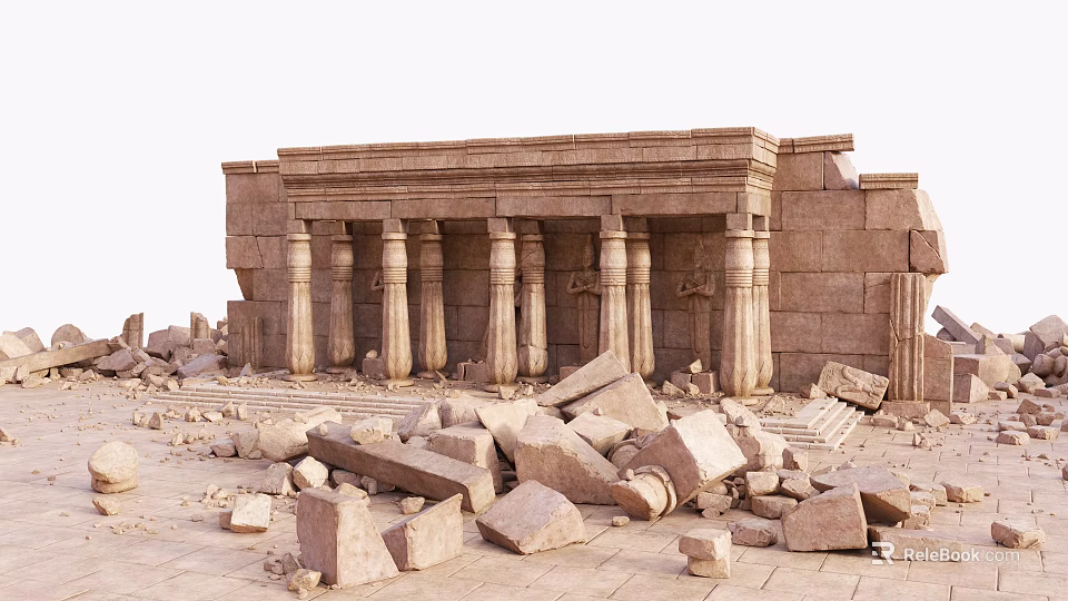 Ancient Stone Architectural Structure With Tall Columns And Scattered Ruins Stones 3d model 