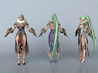 Game Movie Character Featuring Green Long Hair And Ornate Outfits In Multi Angle View 3d model