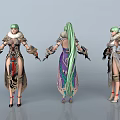 Game Movie Character Featuring Green Long Hair And Ornate Outfits In Multi Angle View