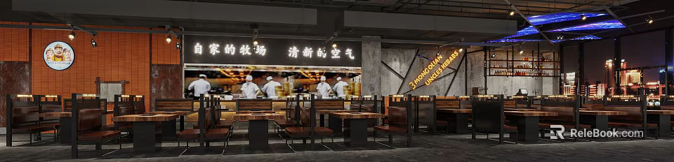 Modern Restaurant Interior With Open Kitchen Chefs Working And Fresh Atmosphere 3d model