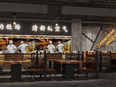 Modern Restaurant Interior With Open Kitchen Chefs Working And Fresh Atmosphere 3d model