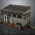 Old Wooden Building With Weathered Tile Roof Broken Windows Red Base And Stone Steps