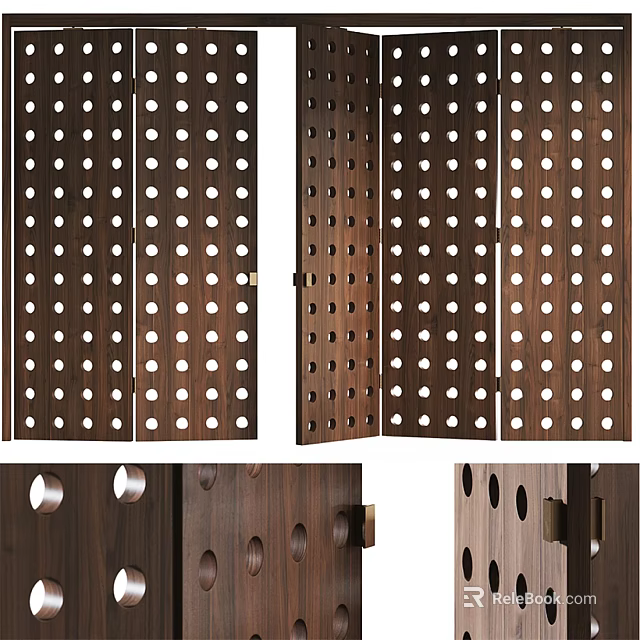 Wooden Folding Room Divider with Circular Perforations for Interior Design 3d model