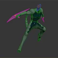 Orange Headed Cyborg Character And Mechanical Creature With Blue Body And Knife Arms
