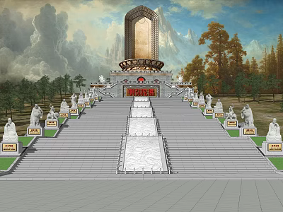 Ancient Architectural Monument With Grand Steps Stone Statues And Mountain Backdrop 3d model
