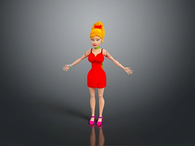 Game Movie Character With Yellow Hair In Red Dress Pink Shoes And Green Necklace 3d model