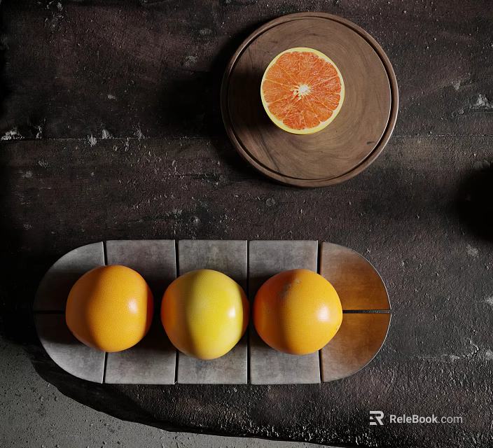 Fresh Ripe Grapefruits Arranged On Ceramic Tray And Wooden Plate 3d model 