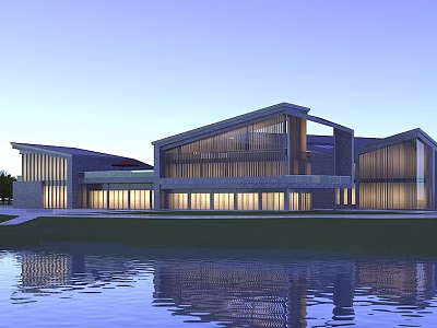 Modern Commercial Complex With Glass Facade Waterfront Reflection And Contemporary Architecture 3d model