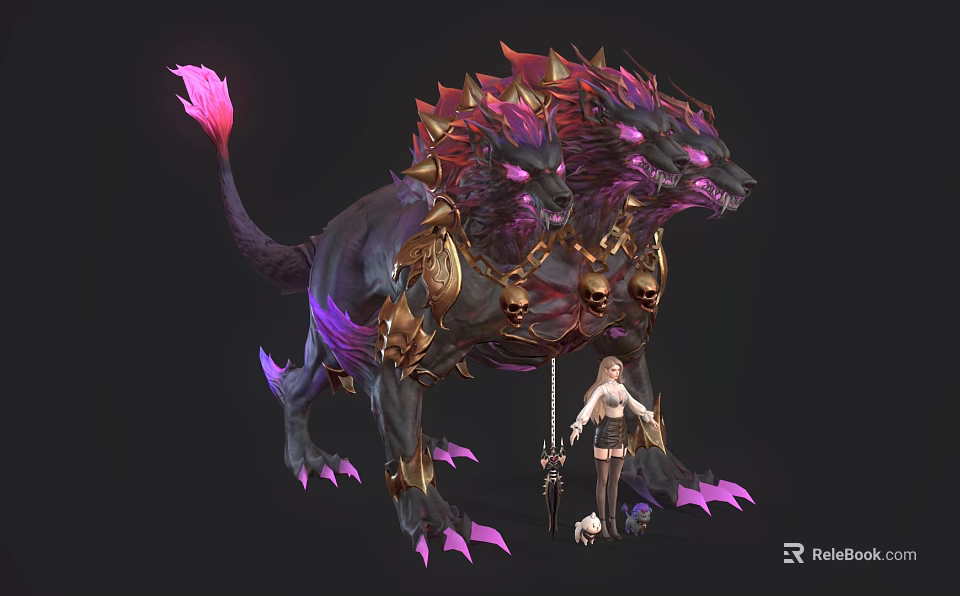 Three Headed Mythical Beast With Red Spikes Purple Glow And Female Warrior In Fantasy Game 3d model 