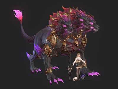 Three Headed Mythical Beast With Red Spikes Purple Glow And Female Warrior In Fantasy Game 3d model
