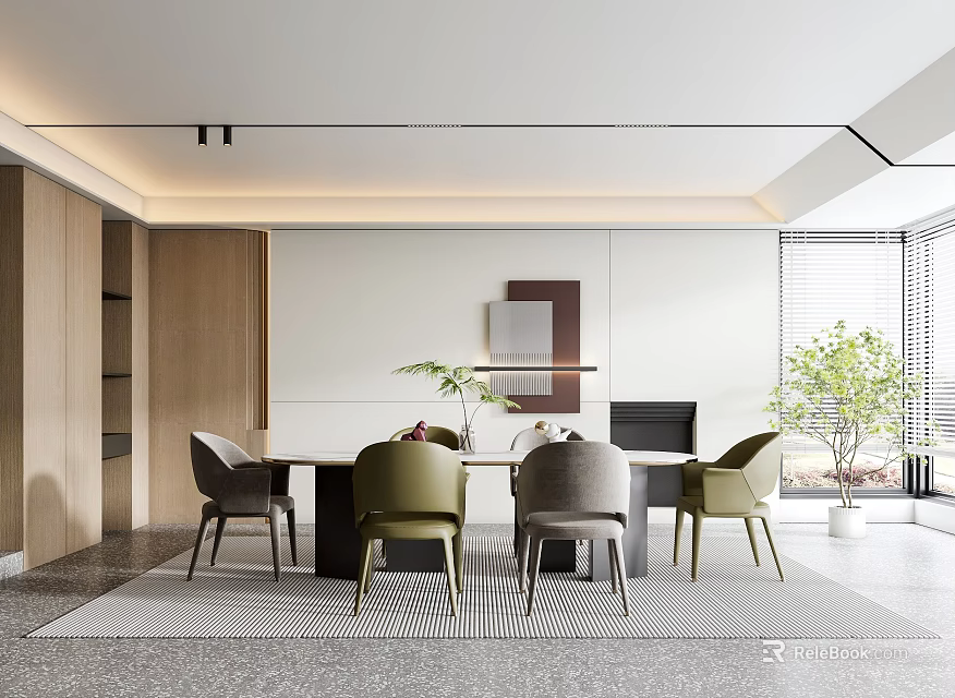 Modern Restaurant Interior With Dining Table Chairs Open Layout And Plants 3d model 