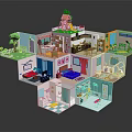 Cartoon Style Multi Level House with Various Rooms and Playground Elements Like Slide