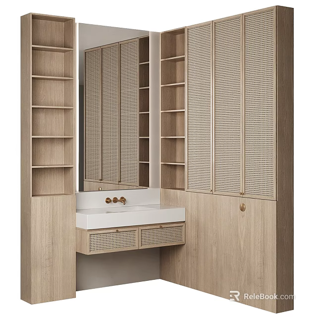 Elegant Wooden Bathroom Vanity With Rattan Doors Mirror And Open Shelves 3d model 