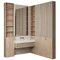 Elegant Wooden Bathroom Vanity With Rattan Doors Mirror And Open Shelves