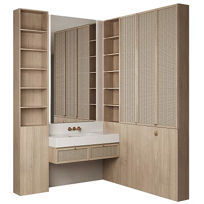 Elegant Wooden Bathroom Vanity With Rattan Doors Mirror And Open Shelves 3d model