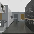 Modern Break Room Interior With White Cabinets Bookshelves Potted Plant Coffee Machine And Chalkboard Wall