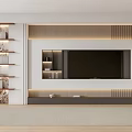 Modern TV Background Wall Design With Wooden Slats Built in TV And Display Shelves