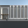 White Storefront With Arched Structures Perforated Design And Pedestrians On Street