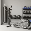 Home Gym Fitness Equipment Elliptical Trainer Punching Bag Exercise Balls Kettlebells Dumbbells On Black Shelf