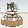 Wooden Multi tiered Display Shelf Featuring Hexagonal Base And Colorful Products