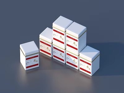 Six White Square Household Storage Boxes With Red Labels Stacked In Pyramid Shape 3d model