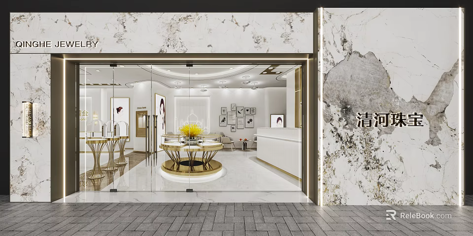 Elegant Jewelry Store Interior With Marble Wall Glass Door And Round Display Table 3d model 