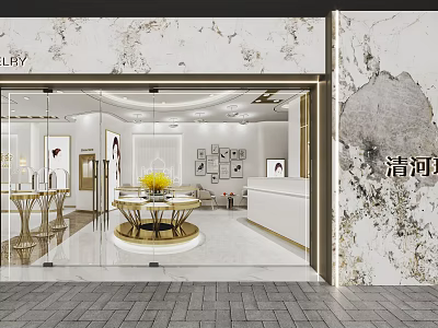 Elegant Jewelry Store Interior With Marble Wall Glass Door And Round Display Table 3d model