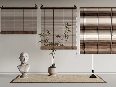 Natural Bamboo Blinds Interior With White Statue Potted Plant Lamp And Mat 3d model