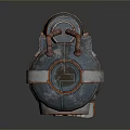 Retro Sci Fi Mechanical Device With Blue Red Accents Circular Center And Stable Base