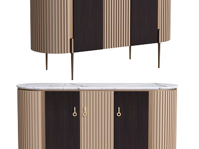 Modern Dining Room Sideboard with Striped Panels Marble Top Metal Legs And Golden Handles 3d model