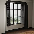Arched Window Room With Black Shutters Wooden Flooring White Walls And Green View 3d model