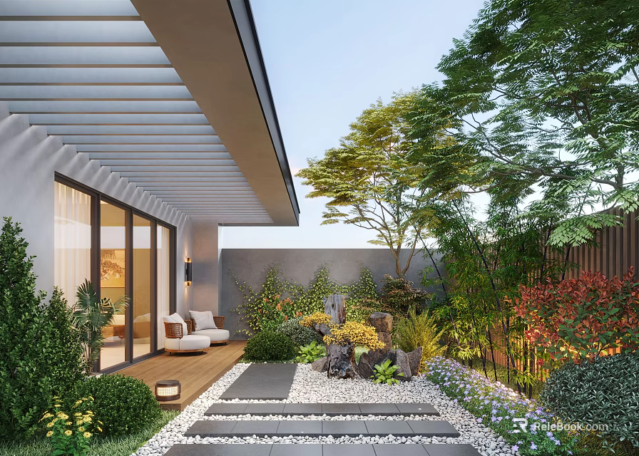 Modern Courtyard Garden With Lush Green Plants Trees Outdoor Seating And Stone Steps Path 3d model 