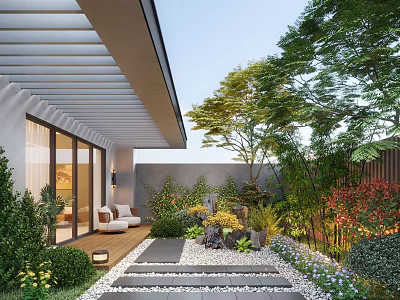 Modern Courtyard Garden With Lush Green Plants Trees Outdoor Seating And Stone Steps Path 3d model
