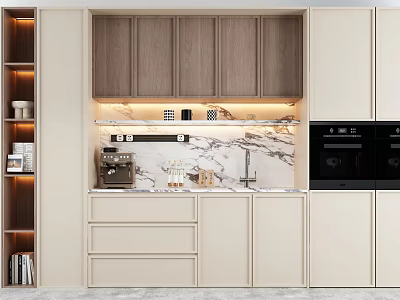 Modern Beige Sideboard With Dark Wood Cabinets Marble Countertop And Coffee Machine Lighting 3d model