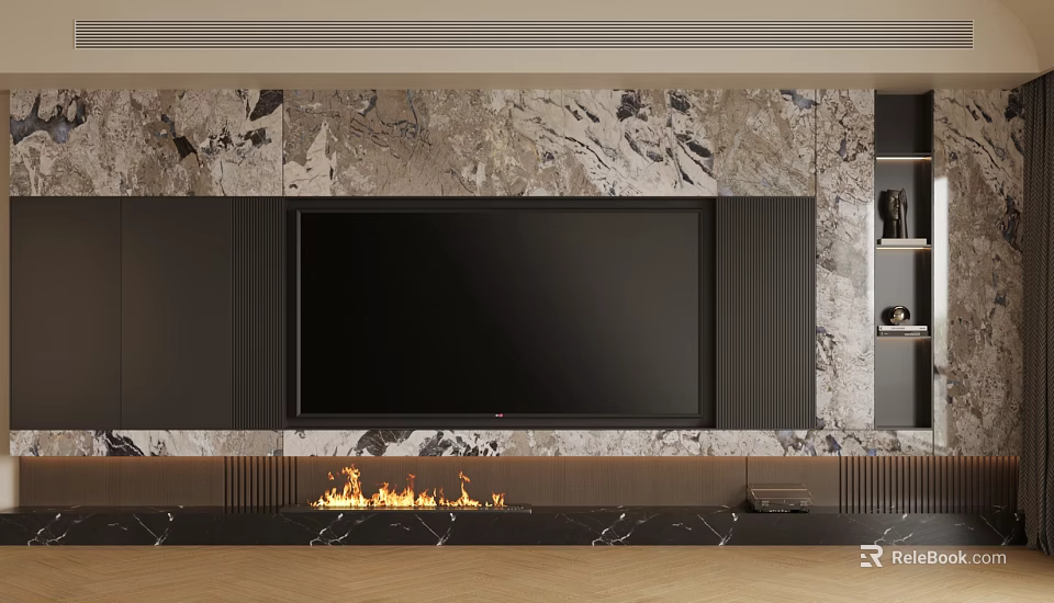 Modern TV Wall Design With Marble Panel TV And Fireplace Decor 3d model