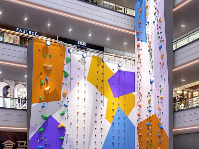 Indoor Rock Climbing Wall In Shopping Mall With Colorful Holds And Geometric Patterns 3d model