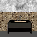 Modern Black Bedside Table with Tray Water Bottle and Glasses on Patterned Wall 3d model