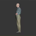 Bald Man Standing in Blue Shirt and Beige Suspenders with Arms Outstretched Against Gray Background