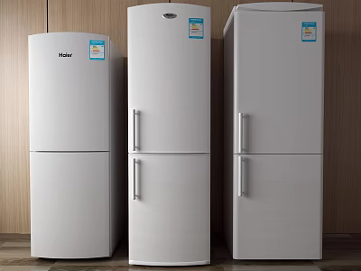 Three Haier White Different Upright Refrigerator Models With Wooden Background 3d model