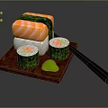 Fresh Assorted Sushi Platter With Salmon Maki And Wasabi On Wooden Plate
